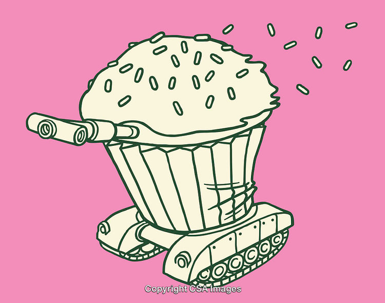 Humorous Cupcake Shaped Tank Concept Art on Pink Background