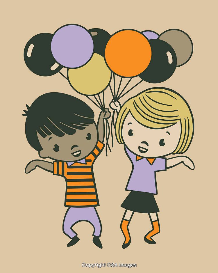 Two Children Holding Bright Balloons in Cartoon Style Illustration