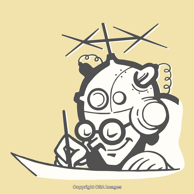 Illustration of Inventive Character Wearing a Futuristic Helmet While Writing