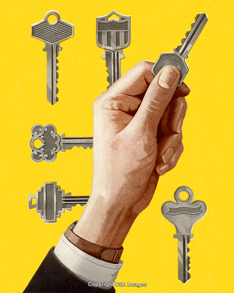 Vintage Illustration of Keys and Hand Holding a Key on Yellow Background