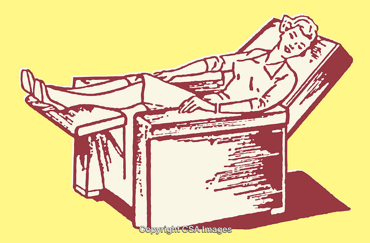 Vintage Illustration of Relaxing Person in Reclining Chair on Yellow Background