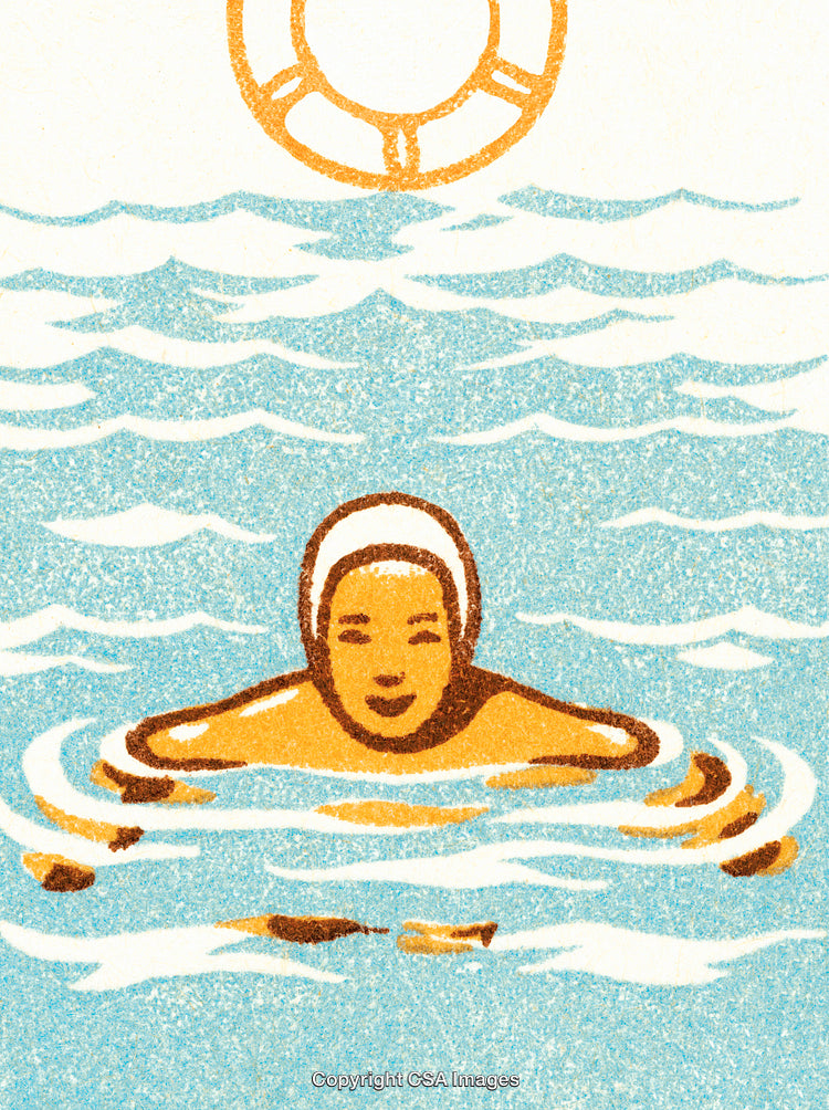 Minimalist Illustration of Swimming Person in Calm Water With Life Preserver