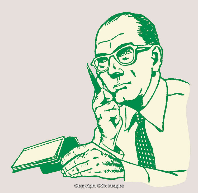 Vintage Illustration of a Thoughtful Businessman With Notepad
