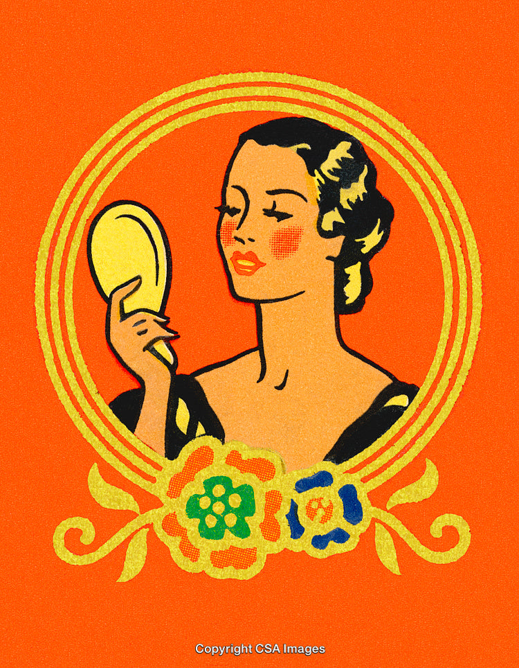 Vintage Illustration of Elegant Woman Holding a Mirror on Orange Background