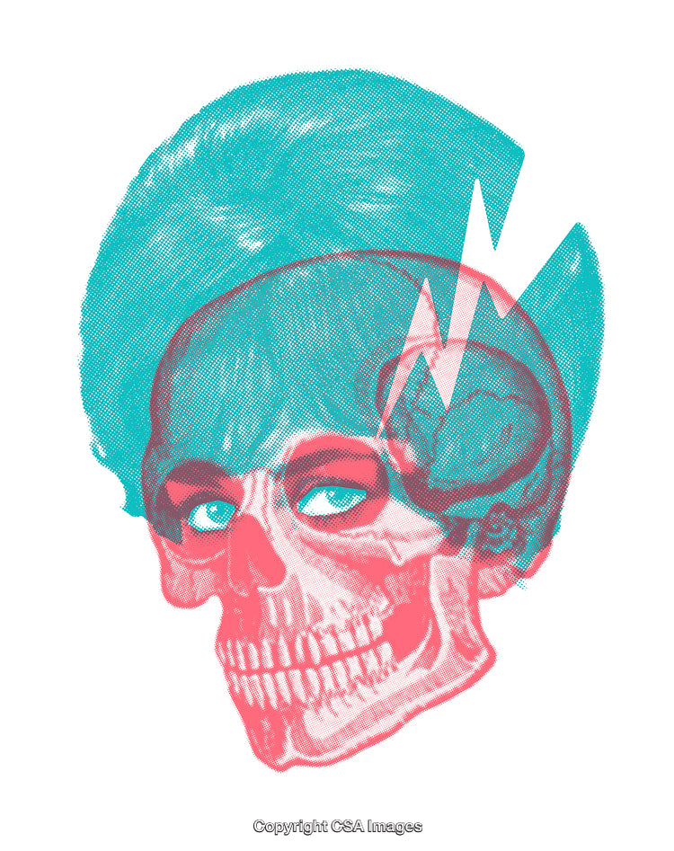 Abstract Artwork Featuring Skull with Vibrant Colors and Symbolic Lightning