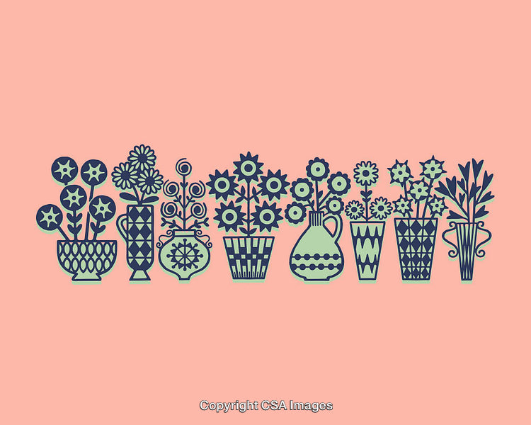 Stylized Line Art Flowers in Geometric Vases Design on Pastel Background