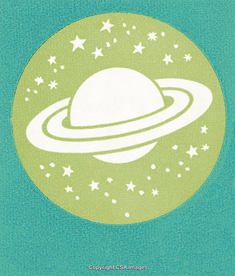 Illustration of a Green Saturn With Stars Against a Aqua Background