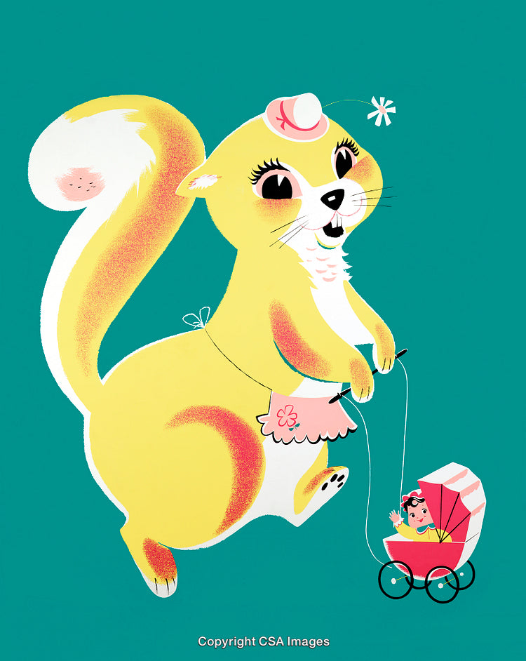Whimsical Cartoon Squirrel Pushing a Baby Carriage in Vibrant Colors
