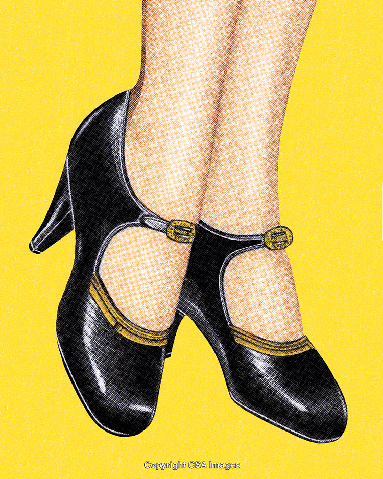 Stylized Illustration of Vintage Black Mary Jane Shoes on Yellow Background