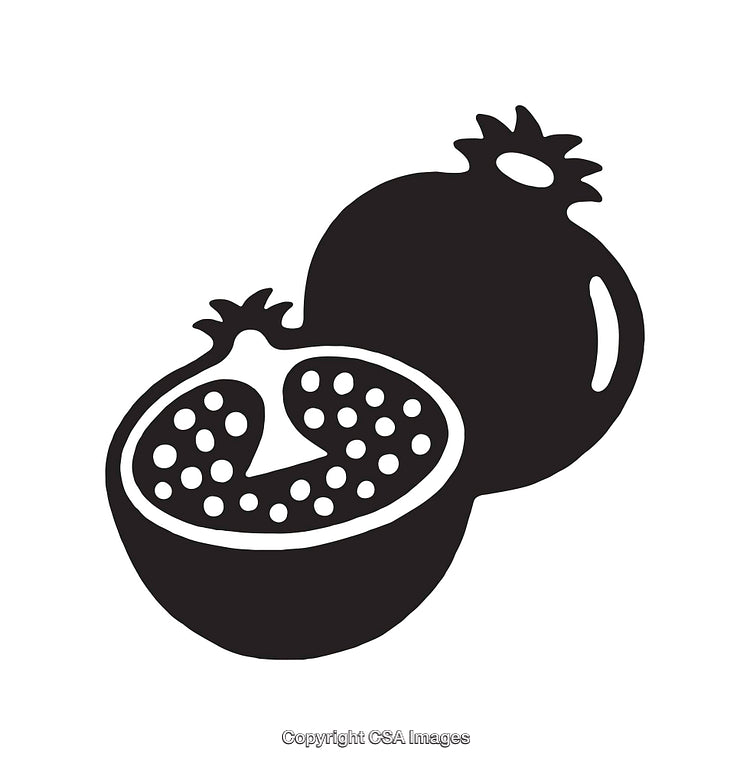 Black and White Illustration of a Whole and Halved Pomegranate