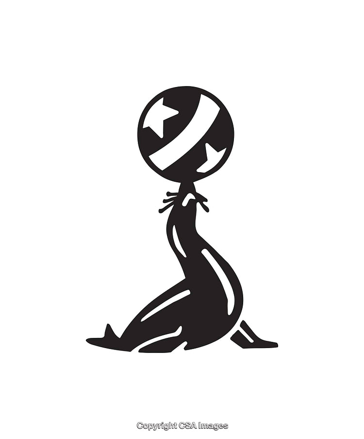 Black and White Illustration of a Seal Balancing a Ball