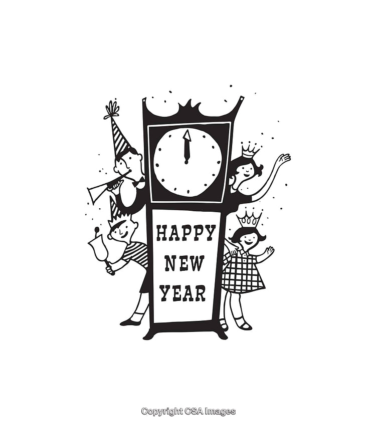 Black And White Line Art of Happy New Year Celebration