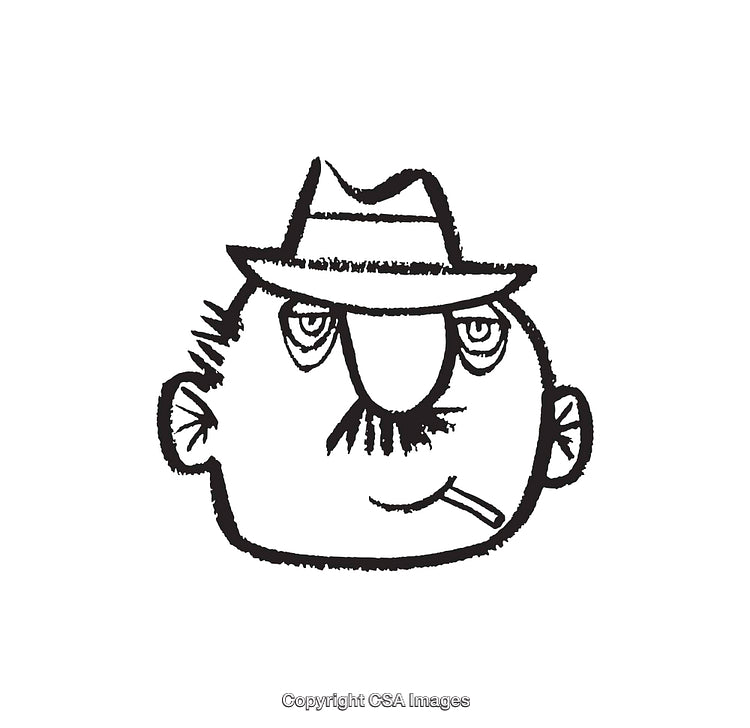 Black and White Line Art of a Serious Man Wearing a Hat