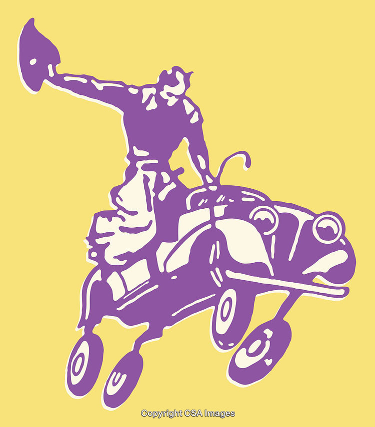 Vibrant Purple Rider Illustration With Car on Yellow Background