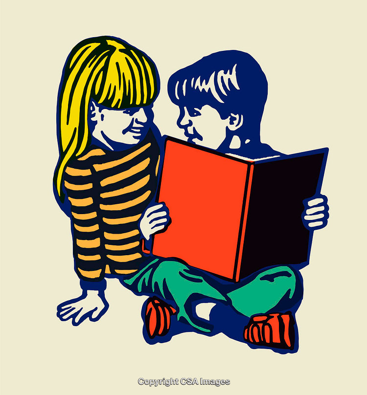 Colorful Illustration of Two Kids Reading Together With Red Book