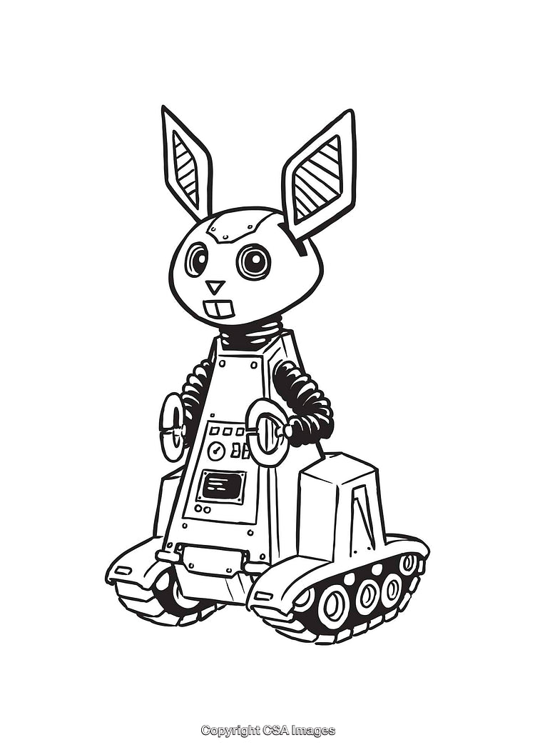 Robotic Bunny Character on Tracks in Black and White Line Art