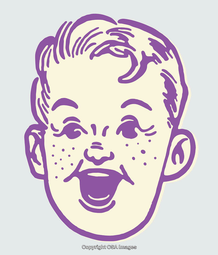 Retro Line-Art Illustration of a Smiling Child with Freckles