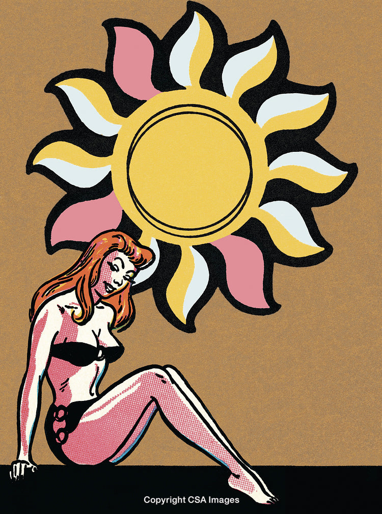 Pop Art Style Woman Relaxing With Decorative Sun in the Background