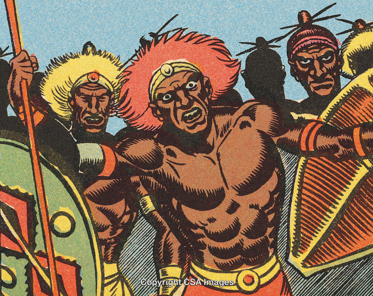 Vintage Comic Book Illustration Featuring Warriors in Traditional Battle Attire