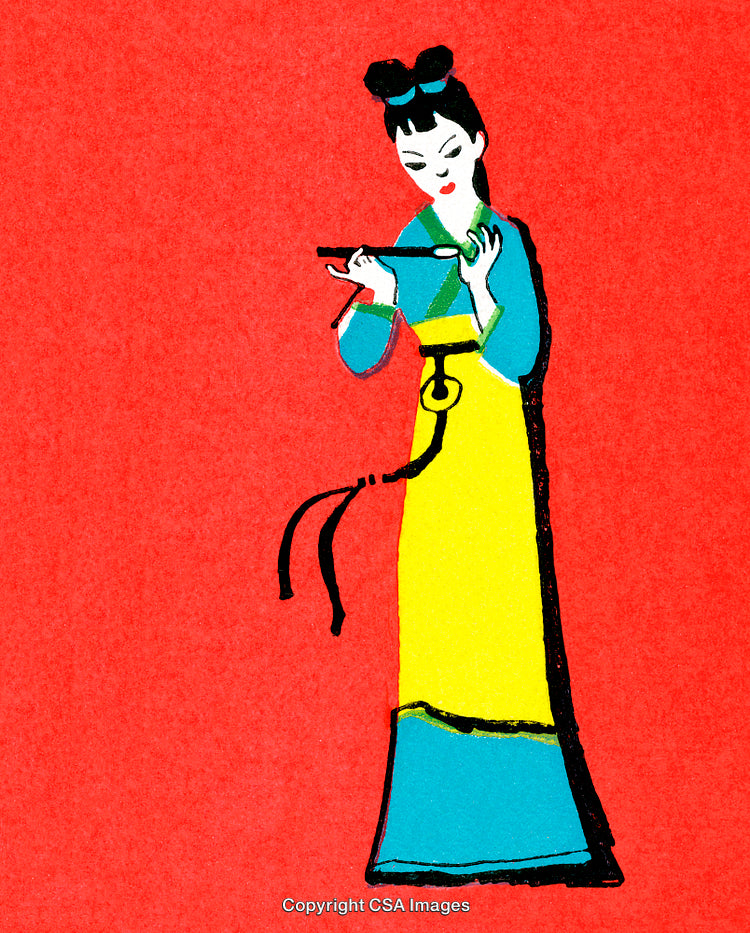 Traditional Asian Woman Illustration in Vibrant Colors on Red Background