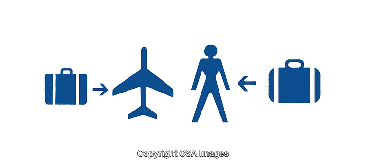 Blue Icon Depicting Luggage, Airplane, Passenger, and Travel Process Sequence