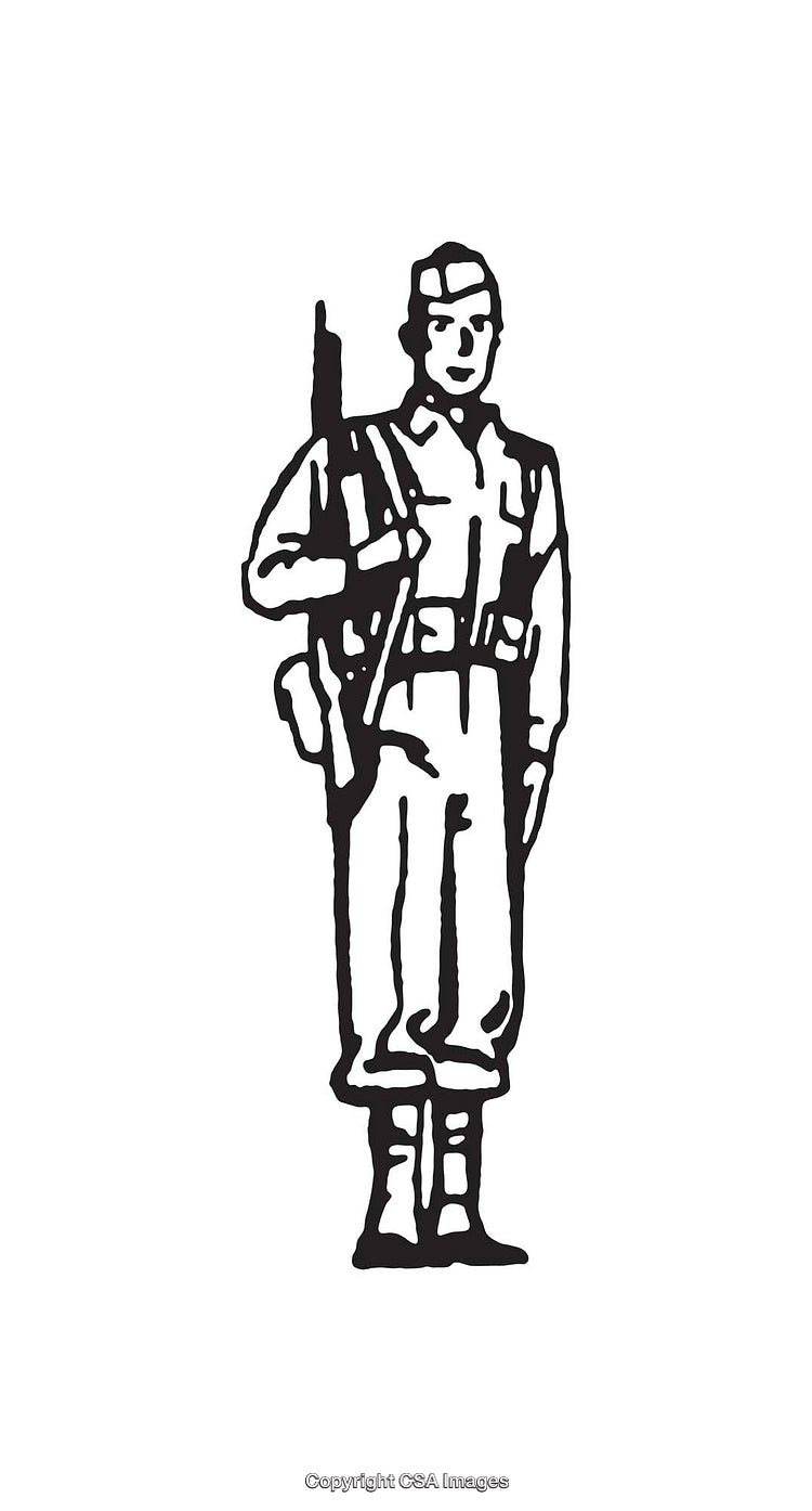 Black and White Line Art of a Soldier in Uniform