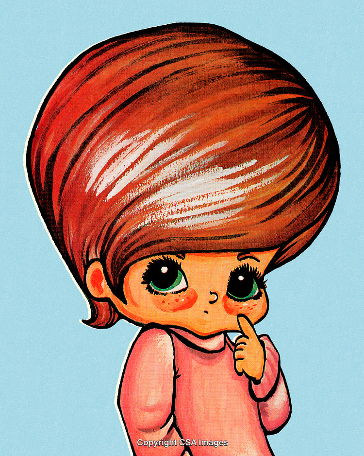 Whimsical Illustration of a Thoughtful Child With Oversized Features and Big Eyes