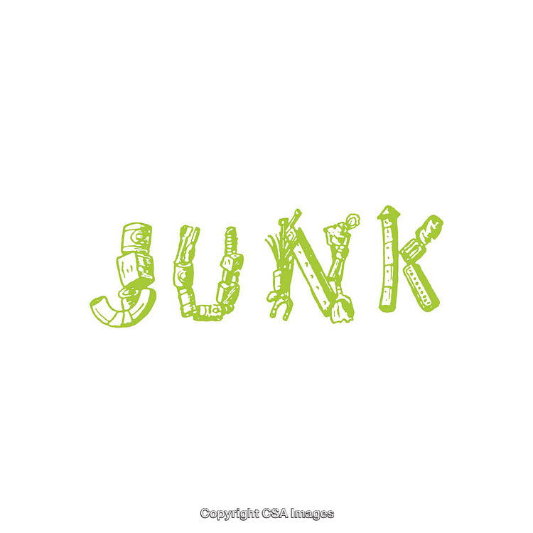 Creative Word Art Depicting 'Junk' Using Green Themed Shapes and Objects