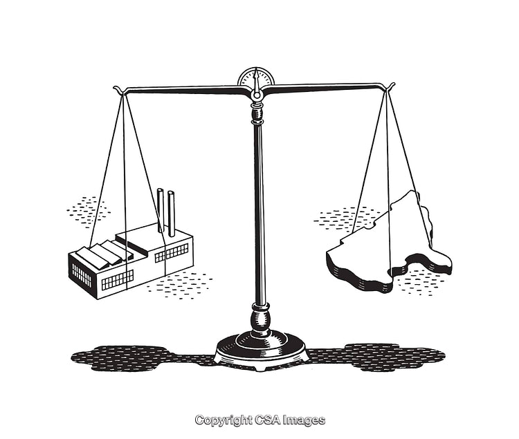 Black and White Drawing of Balance Scale With Industrial and Natural Elements