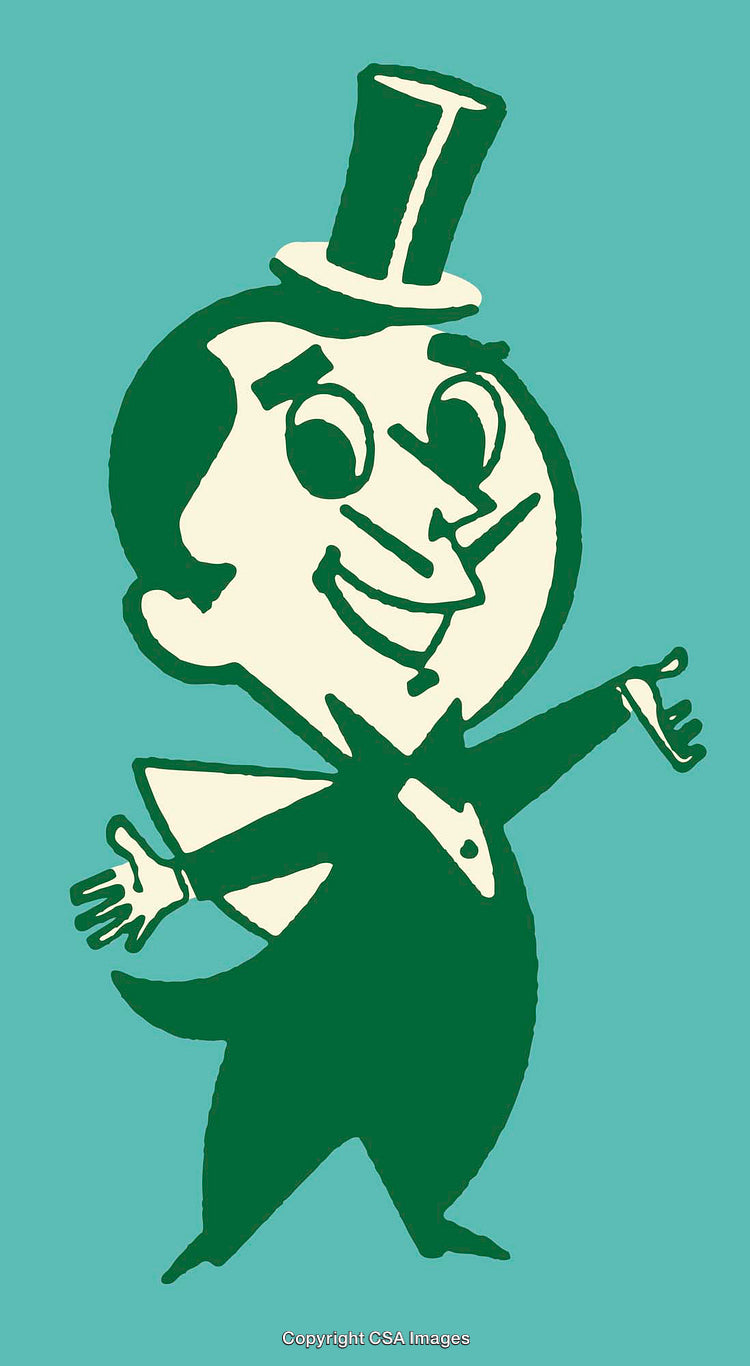 Smiling Cartoon Man in Top Hat and Tuxedo on Teal Background