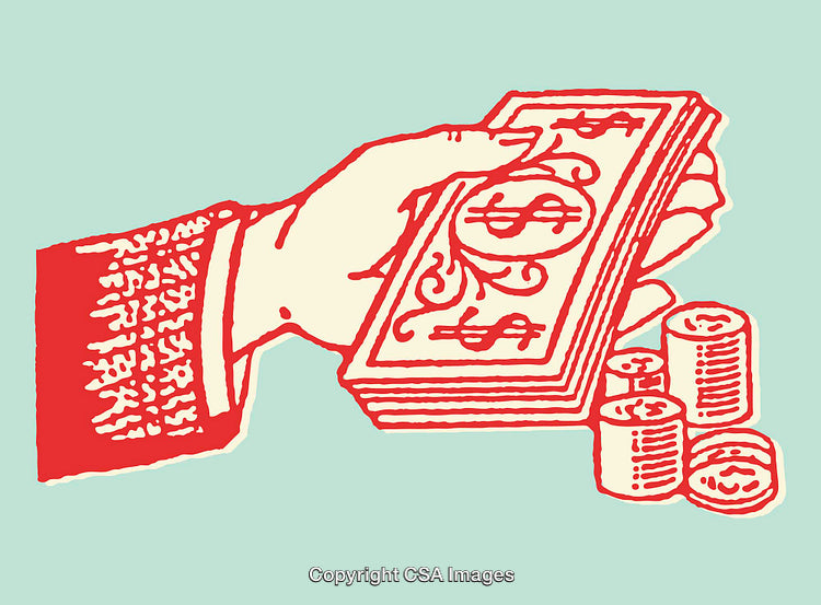 Illustration of a Hand Holding Money and Coins Stack on a Light Background