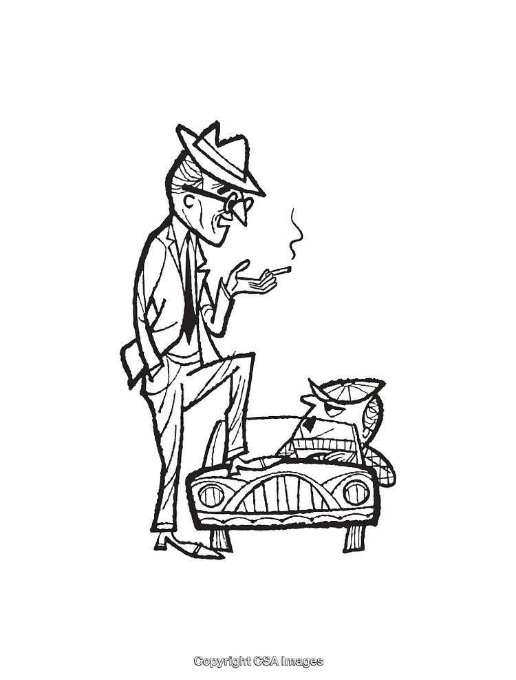 Vintage Line Art Illustration of Two Characters with a Car