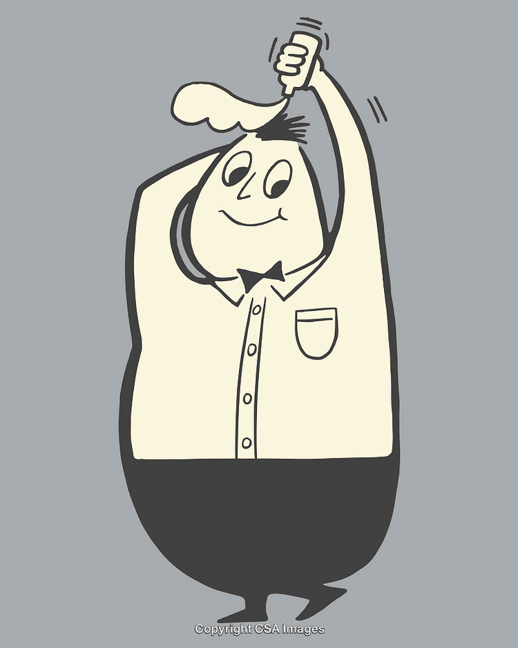 Happy Cartoon Character Using Hair Spray in Quirky Line Art Illustration