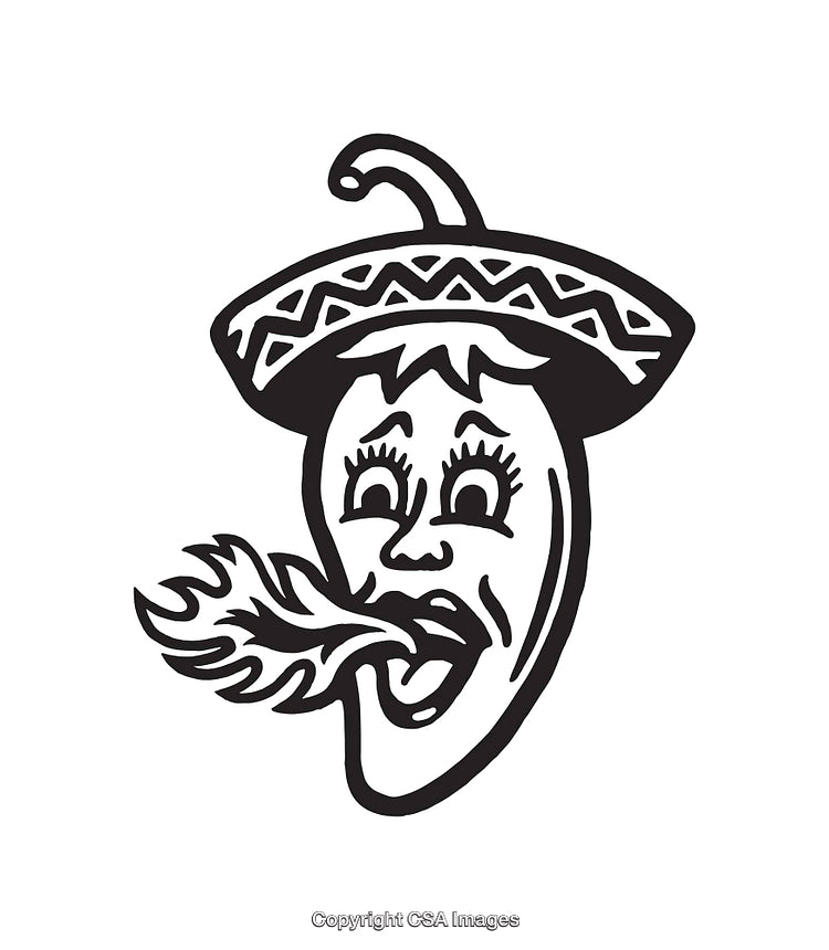 Black and White Illustration of a Spicy Chili Character with Sombrero