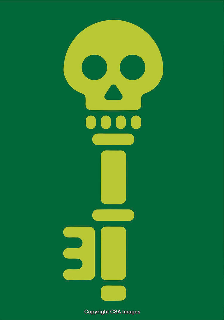 Green and Yellow Illustration Featuring Skull Shaped Key Design on Plain Background