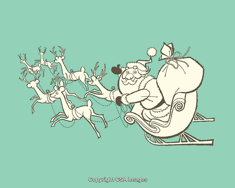 Santa Claus Riding Sleigh with Flying Reindeer in Festive Illustration