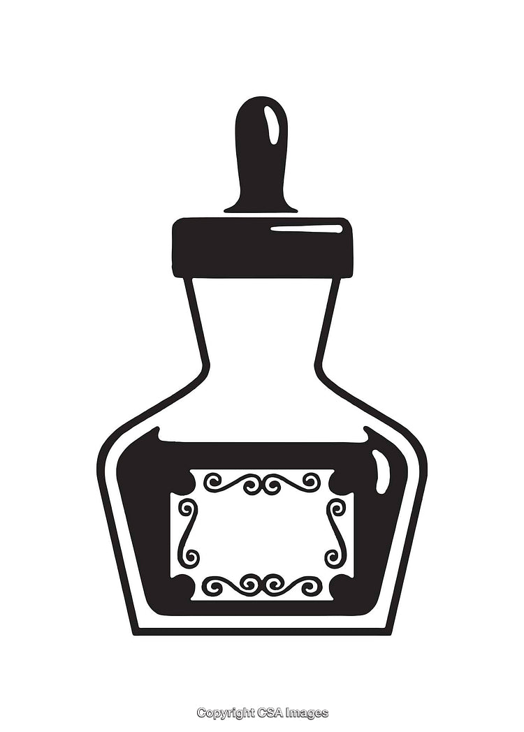Black and White Line Art Illustration of a Decorative Glass Bottle