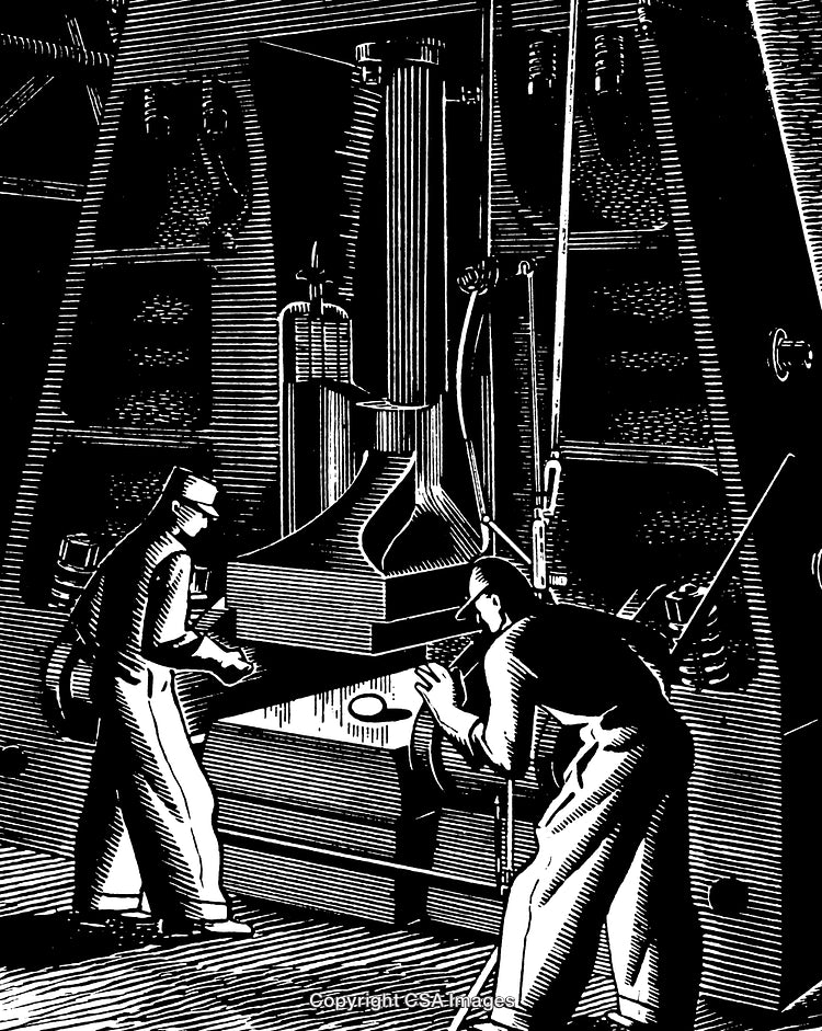 Black and White Engraving of Workers and Industrial Machinery