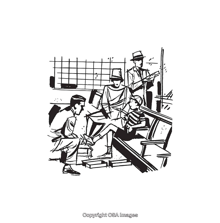 Black and White Line Art of a Social Gathering Scene with People