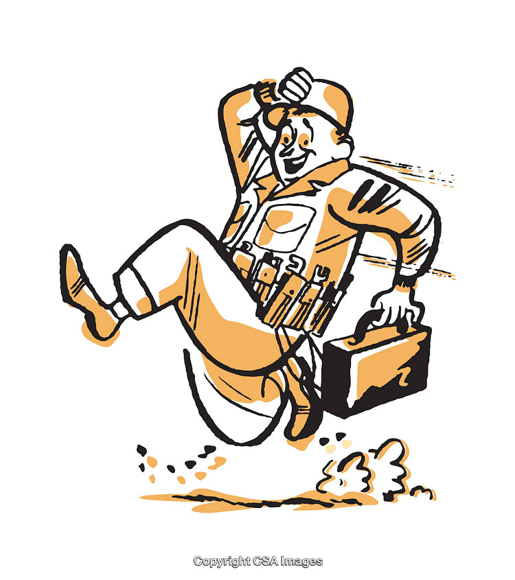 Energetic Cartoon Handyman Running with Toolbelt and Toolbox