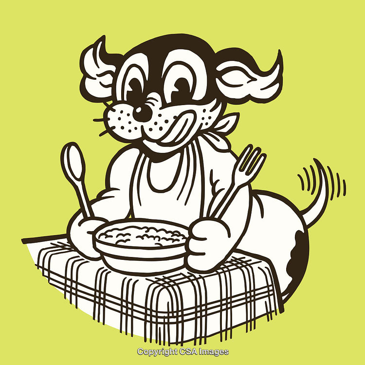 Cartoon Dog Sitting at a Table with a Bowl of Food