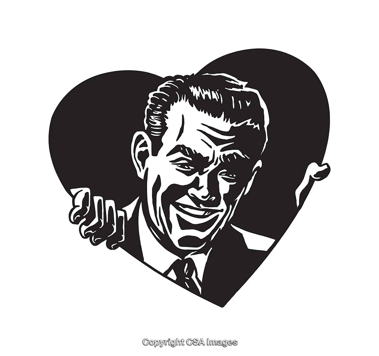 Retro Black and White Illustration of a Cheering Man in a Heart Shape