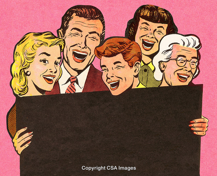 Vintage Illustration of a Cheerful Group Displaying a Blank Banner