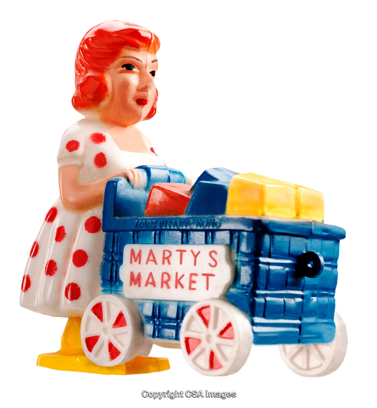 Colorful Vintage Plastic Figurine of Woman Pushing a Shopping Cart