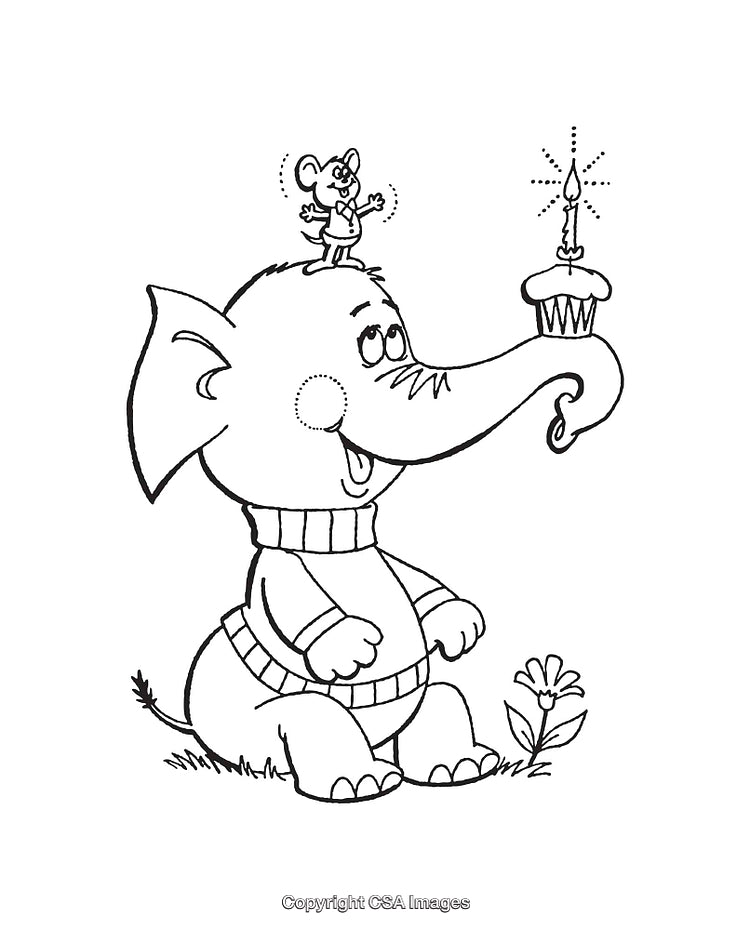 Cute Elephant and Mouse with Birthday Cupcake Illustration
