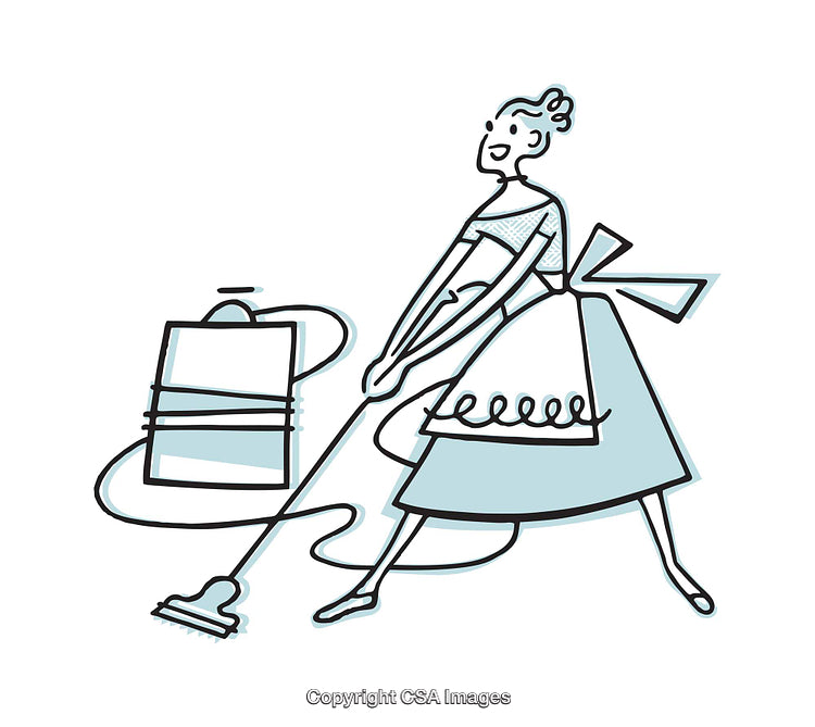 Retro Illustration of a Woman Vacuuming with a Stylish Vintage Design
