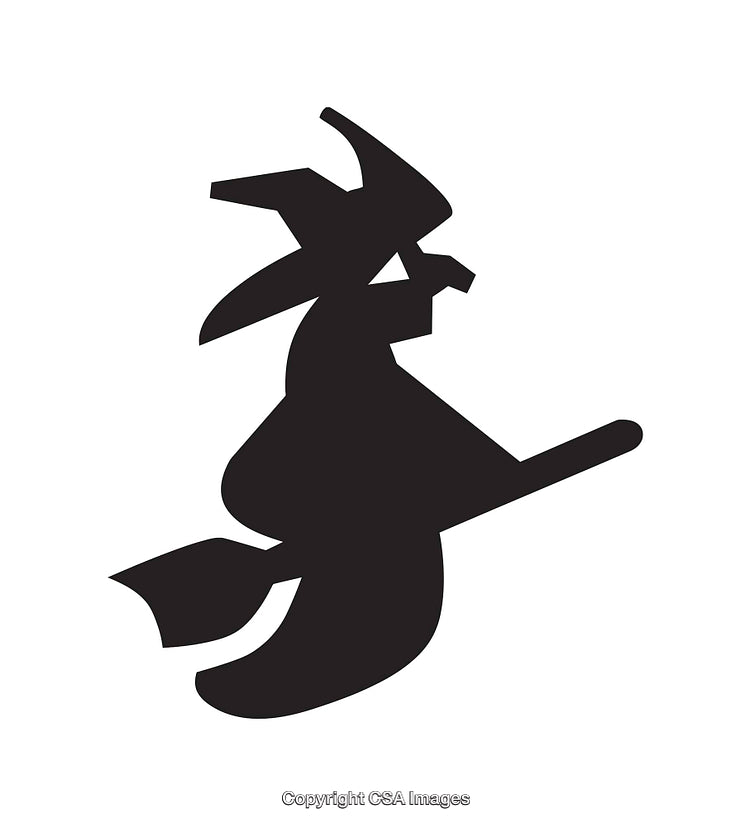 Silhouette of a Witch Flying on a Broom in Black and White