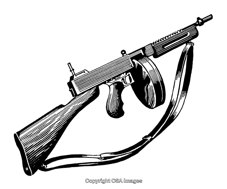 Vintage Black and White Engraving of a Classic Tommy Gun