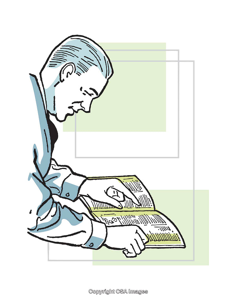 Man Reading Illustrated Book in Retro Vintage Style Art