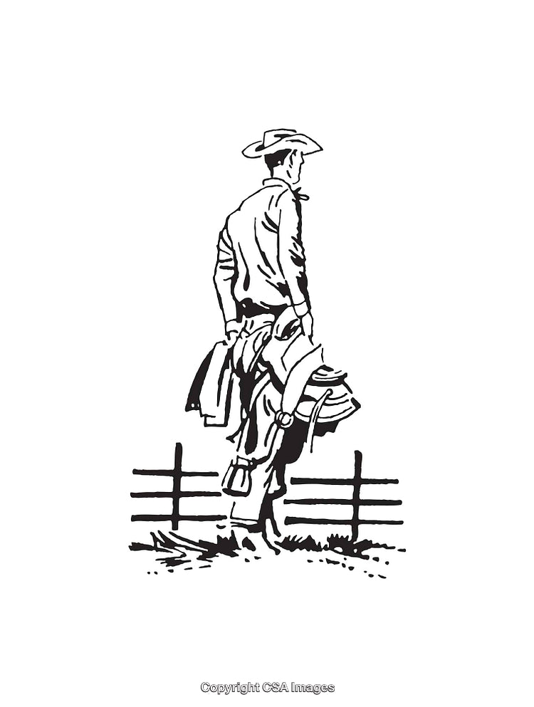 Black and White Line Art of a Cowboy and Fence